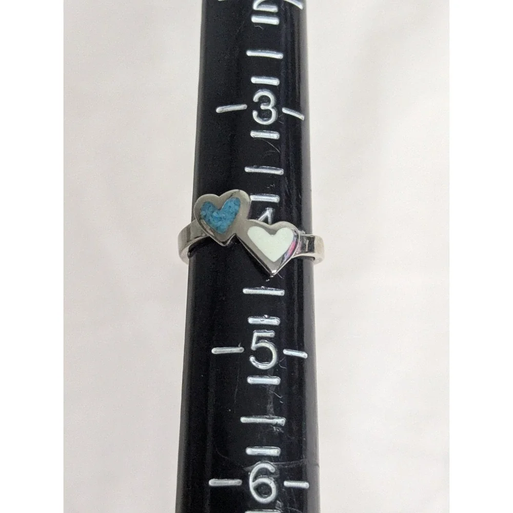 Double Heart turquoise white inlay Womens silver‎ ring 4 Valentines Anniversary